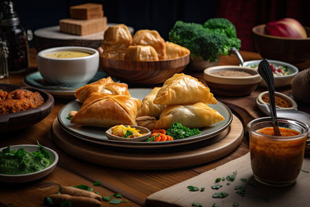 samsa on plate, surrounded by other delicious dishes, created with generative aiの素材