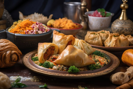 samsa on plate, surrounded by other delicious dishes, created with generative aiの素材