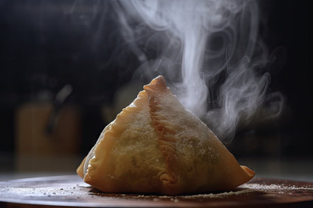 close-up of samsa, with filling visible and steam rising from it, created with generative aiの素材