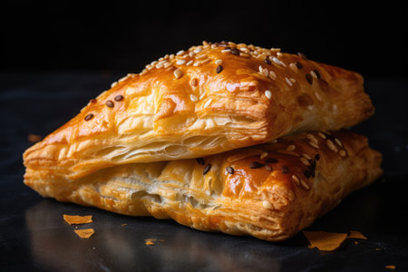 close-up of samsa, with its crispy exterior and juicy interior in full view, created with generative aiの素材