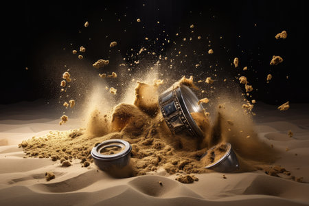sand explosion of a buried treasure, with gold and silver coins spilling out, created with generative aiの素材