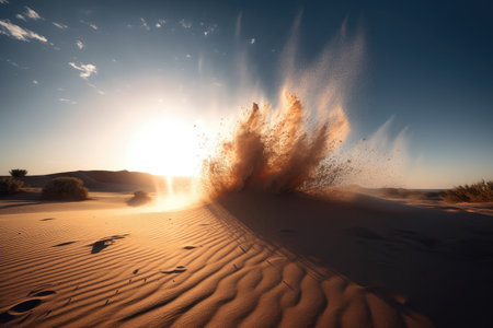 sand explosion in a desert, with the sun shining above, created with generative aiの素材
