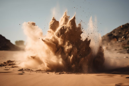 sand explosion in close-up, showing the moment of detonation, created with generative aiの素材