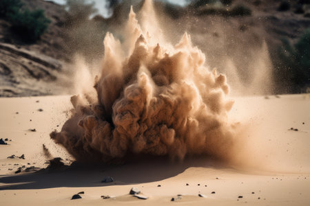sand explosion in close-up, showing the moment of detonation, created with generative aiの素材