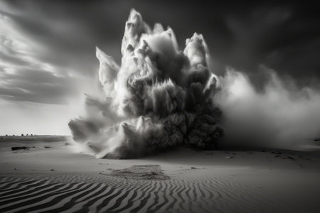 sand explosion in black and white against dramatic sky, created with generative aiの素材