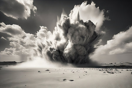 sand explosion in black and white against dramatic sky, created with generative aiの素材