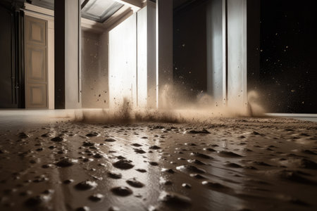 sand explosion effect on vinyl floor, with visible footprints and dust, created with generative aiの素材