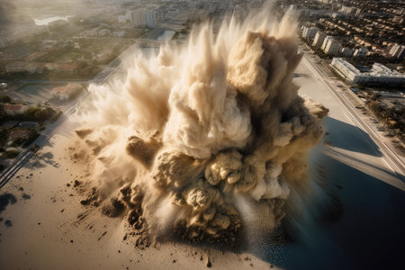 sand explosion captured from birds-eye view, with the blast reaching high into the sky, created with generative aiの素材