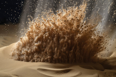 close-up of sand explosion, with individual grains and particles visible, created with generative aiの素材