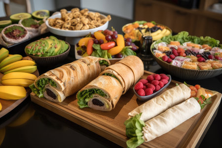 sandwiches and wraps served alongside vegetable, fruit, and cheese platter, created with generative aiの素材