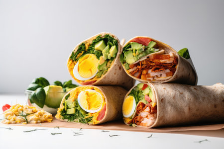 sandwiches and wraps on white background, stack of different ingredients, created with generative aiの素材
