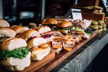 sandwich bar with a variety of ingredients and flavors to choose from, created with generative aiの素材