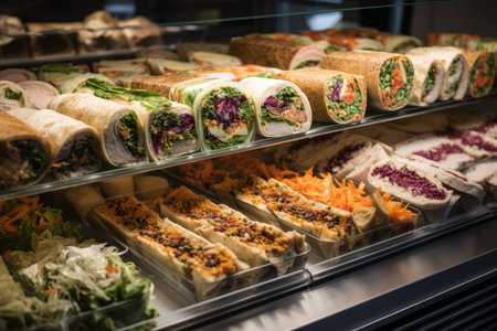 colorful array of sandwiches and wraps on display in deli case, created with generative aiの素材