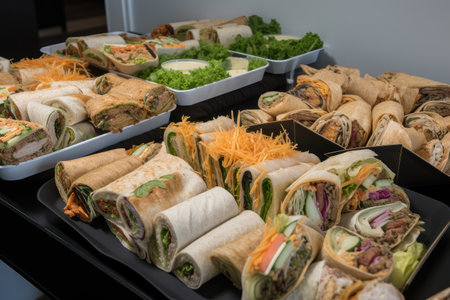 a variety of sandwiches and wraps, arranged in a display, created with generative aiの素材