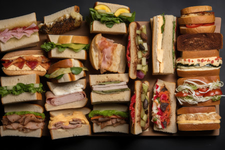 sandwiches of different shapes and sizes, with unique fillings, created with generative aiの素材