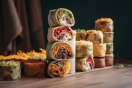 tower of wraps with different fillings and sauces, created with generative aiの素材