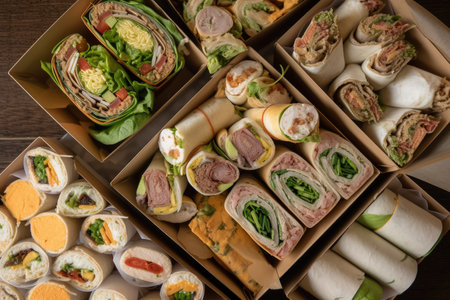 variety of sandwiches and wraps, each with unique filling, created with generative aiの素材