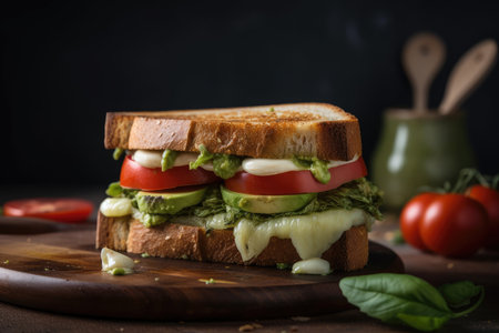 sandwich made with pesto, mozzarella, and vegetables for a fresh and flavorful meal, created with generative aiの素材