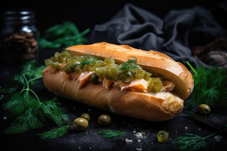 sandwich with fresh dill and capers on crusty baguette, created with generative aiの素材