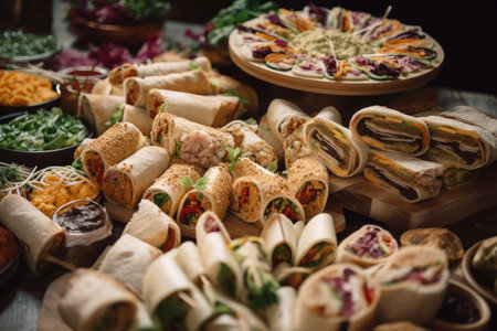 buffet of different sandwiches and wraps, with a variety of fillings, created with generative aiの素材