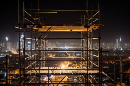scaffolding with view of a busy city skyline at night, created with generative aiの素材