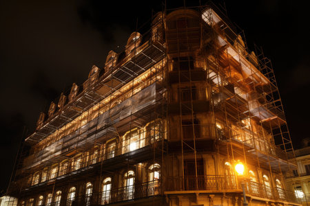 wrought-iron scaffolding with bright lights illuminating the exterior of a grand hotel, created with generative aiの素材