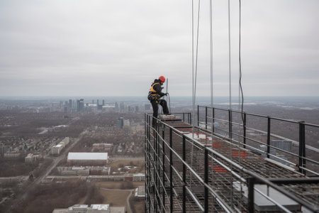 person, scaling the metal scaffolding to the top of the building, with view of city and surrounding area visible in the background, created with generative aiの素材