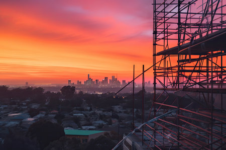 scaffolding with view of the city skyline at dusk, surrounded by colorful sky, created with generative aiの素材