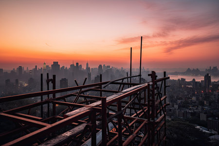 scaffolding with view of the city skyline at dusk, surrounded by colorful sky, created with generative aiの素材