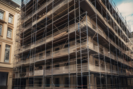 scaffolding surround a building under construction, created with generative aiの素材