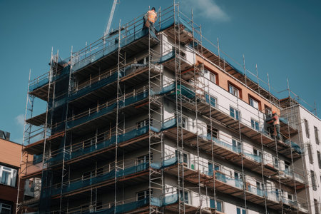 residential building with scaffolding and workers on the exterior, created with generative aiの素材
