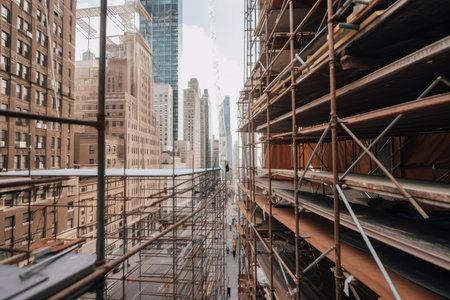 scaffolding on side of building with view of bustling cityscape, created with generative aiの素材