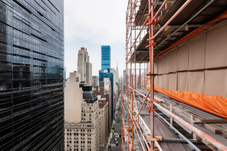 scaffolding on side of building with view of bustling cityscape, created with generative aiの素材
