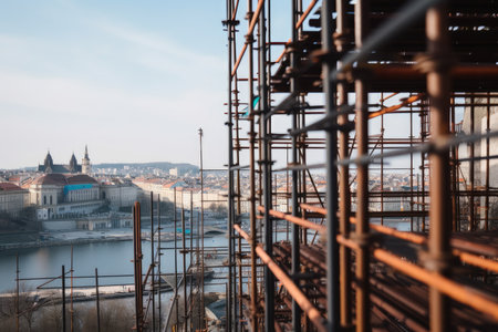 close-up of scaffolding and construction site with view in the background, created with generative aiの素材