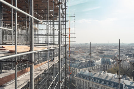 close-up of scaffolding and construction site with view in the background, created with generative aiの素材