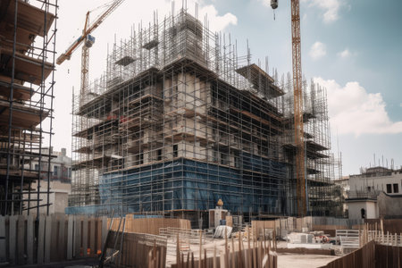 a construction site with scaffolding and cranes in the background, created with generative aiの素材