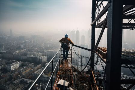 person, climbing up scaffolding with view of busy cityscape, created with generative aiの素材