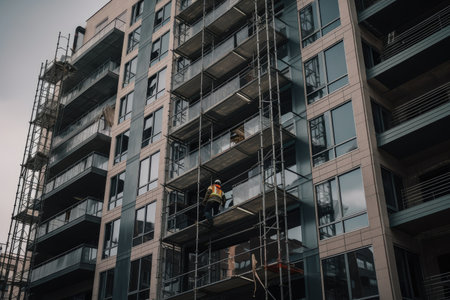 workers, installing windows on high-rise building, with scaffolding and glass in the background, created with generative aiの素材