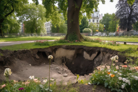 sinkhole in a park, with flowers and trees sprouting from the surface, created with generative aiの素材