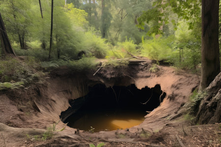 sinkhole in forest, with trees and wildlife surrounding it, created with generative aiの素材