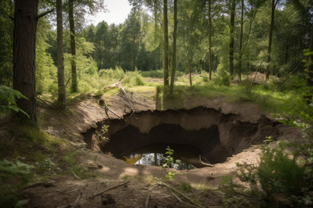 sinkhole in forest, with trees and wildlife surrounding it, created with generative aiの素材