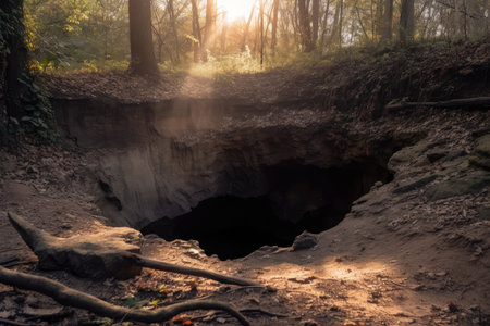 sinkhole that has collapsed into underground cave system, with sunlight shining through the hole, created with generative aiの素材
