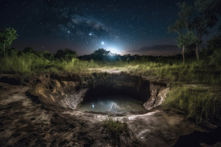 nighttime sinkhole capture with starry night sky and shining moon, created with generative aiの素材