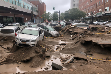 ground collapse in a parking lot, with cars visible below the surface, created with generative aiの素材