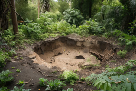 sinkhole of different sizes and shapes in the ground, with trees and plants growing around, created with generative aiの素材
