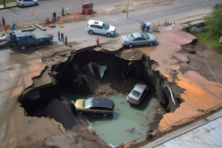 large sinkhole with cars and trucks falling into the depths, created with generative aiの素材