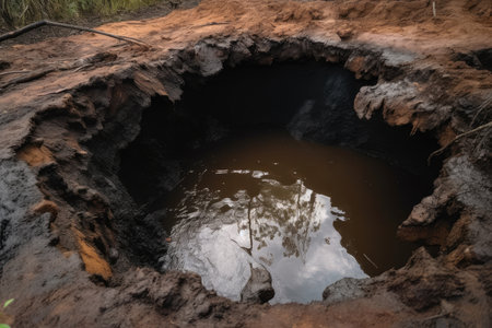 close-up of sinkhole with water rushing into the depths, created with generative aiの素材