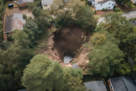 aerial view of sinkhole with massive trees and debris visible on the bottom, created with generative aiの素材