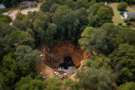 aerial view of sinkhole with massive trees and debris visible on the bottom, created with generative aiの素材
