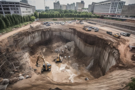 ground collapse during construction project, revealing the subterranean world underneath, created with generative aiの素材